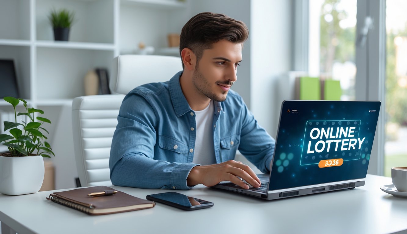 Seorang pria muda duduk di meja dengan laptop, fokus bermain togel online di ruang kerja yang terang dan rapi.