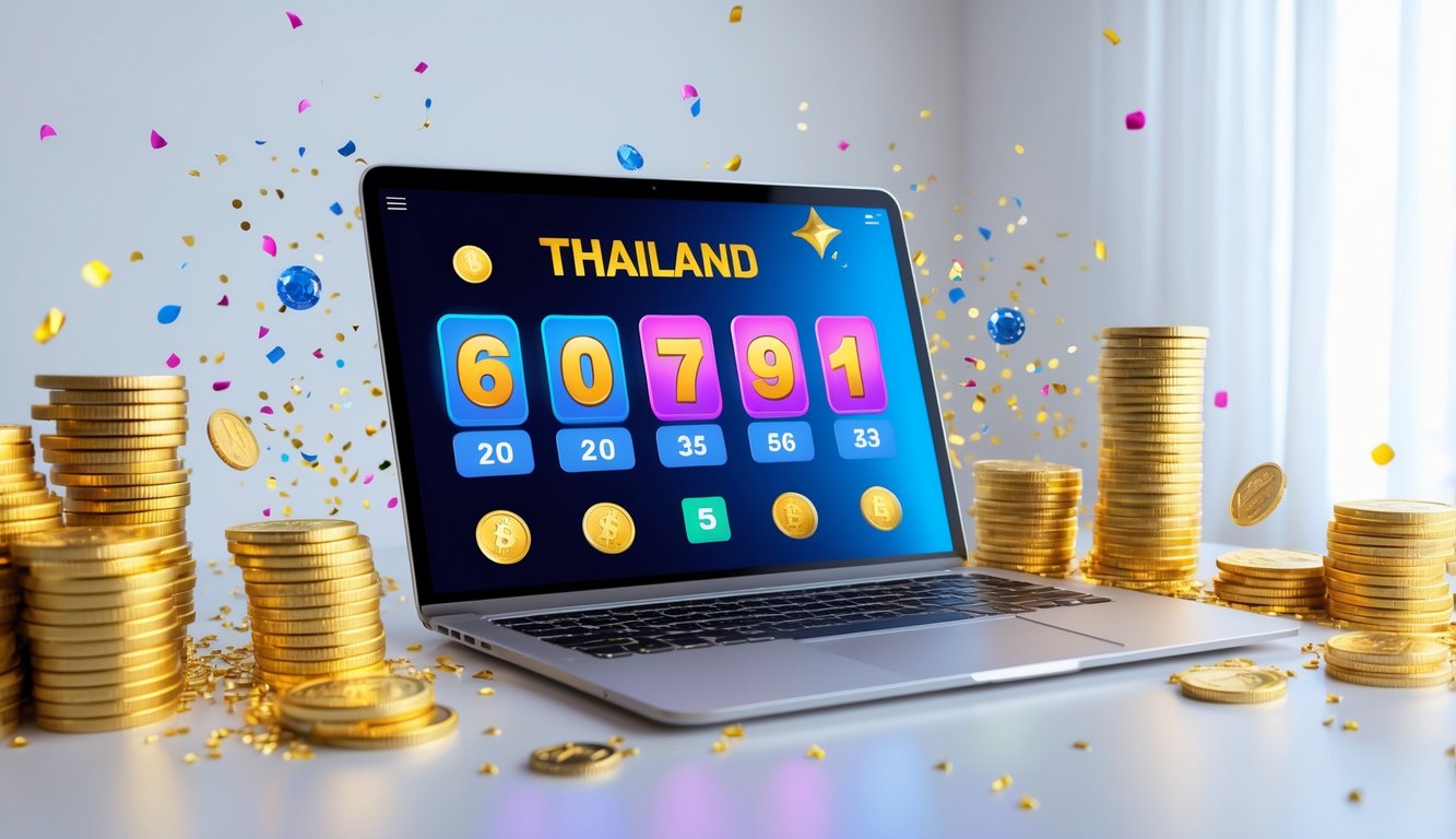 Seseorang menggunakan laptop dengan tampilan antarmuka lotere online dan tumpukan koin emas di sekitarnya.