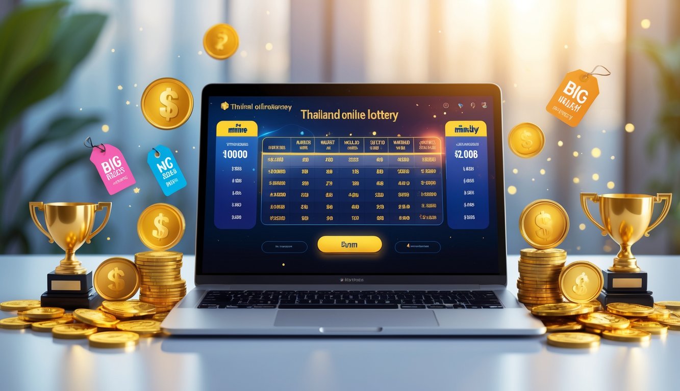 Sebuah meja kerja modern dengan laptop yang menampilkan antarmuka lotere online, dikelilingi oleh koin emas dan piala hadiah.