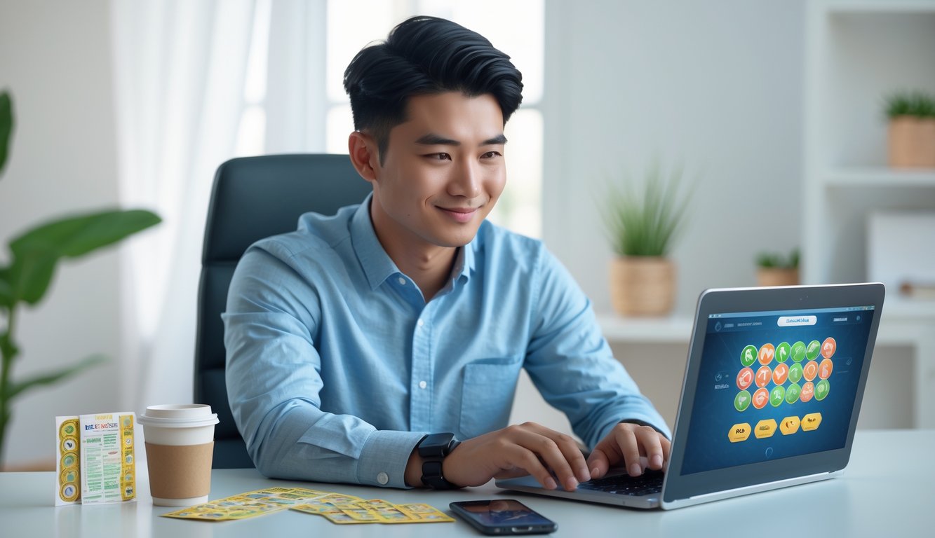 Seorang pria muda duduk di meja dengan laptop dan ponsel, terlihat fokus dan tersenyum di ruang kerja yang terang dan rapi.