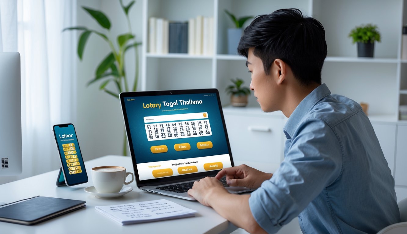 Seorang pria muda Asia duduk di meja kerja dengan laptop dan ponsel, fokus pada layar yang menampilkan situs lotere online, di ruang kerja yang rapi dengan tanaman dan buku di latar belakang.