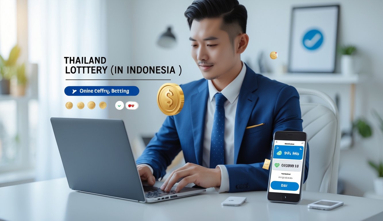 Seorang pria Asia Tenggara menggunakan laptop di ruang kerja rumah yang terang dan rapi, dengan ponsel di sampingnya, menggambarkan aktivitas taruhan online yang aman dan cepat.