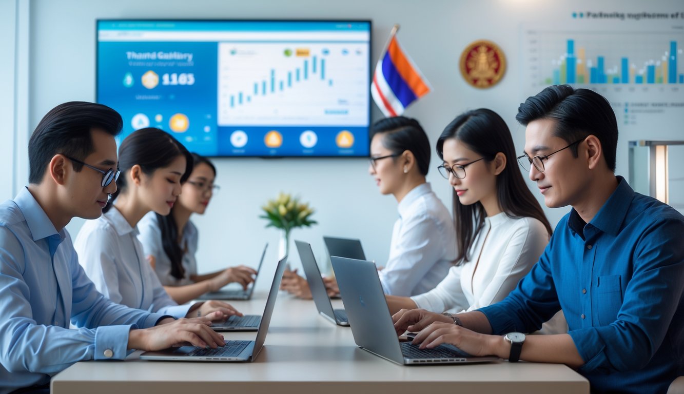 Beberapa orang dewasa menggunakan laptop dan ponsel di kantor modern yang terang dengan elemen budaya Thailand, menunjukkan suasana kerja yang aman dan cepat.