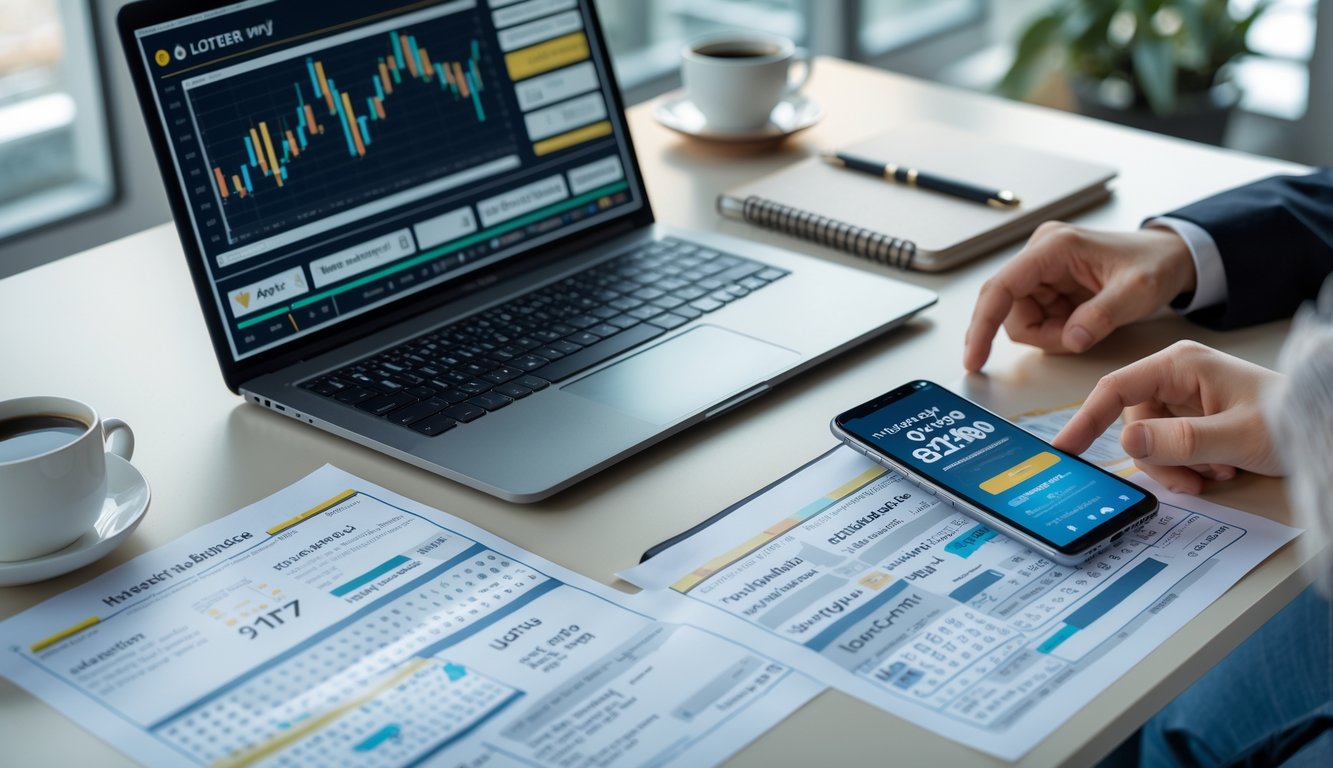 Seseorang sedang menganalisis data keluaran togel terbaru di meja kerja dengan laptop, smartphone, dan kertas berisi angka.