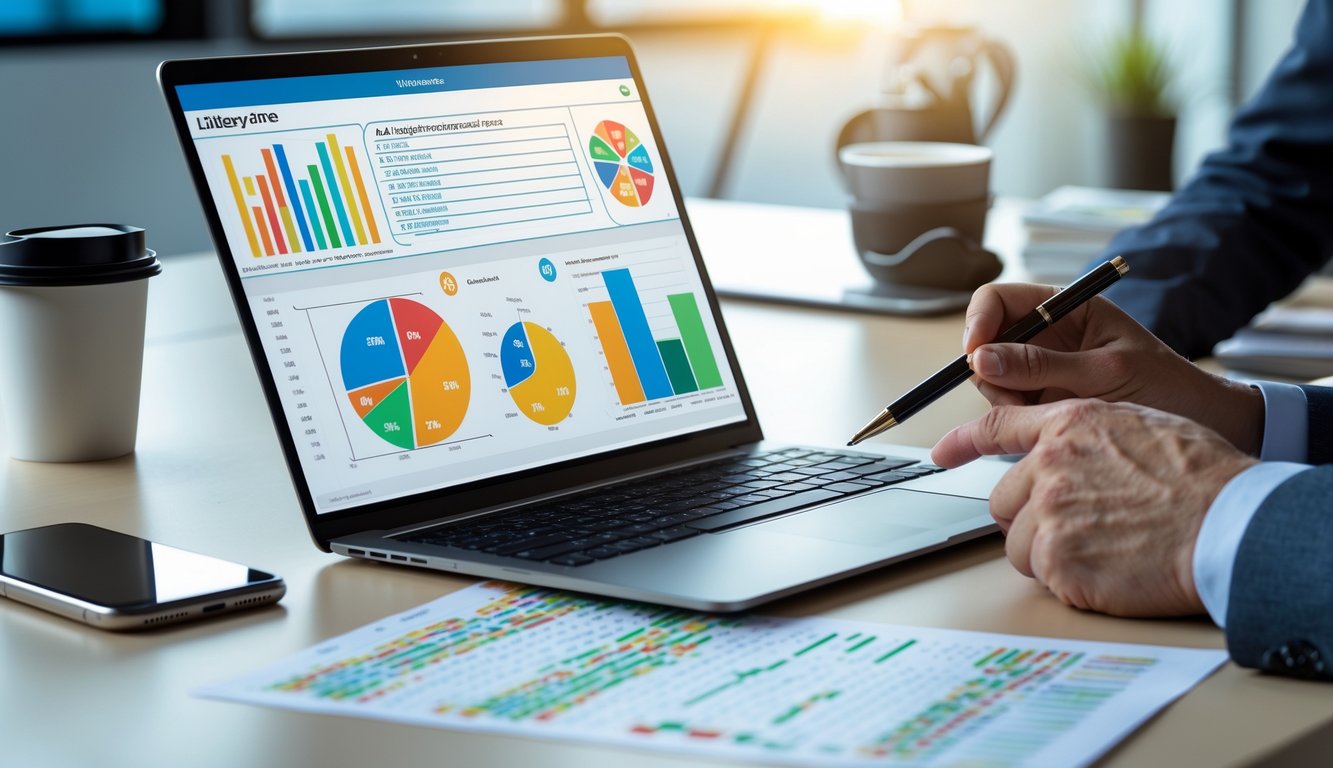 Meja kerja dengan laptop menampilkan grafik data togel, tangan memegang pena menunjuk angka pada kertas, di sekitar meja terdapat kopi dan ponsel.