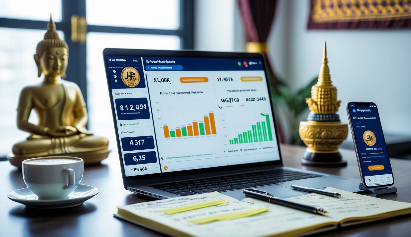 Meja kerja dengan laptop, ponsel, dan buku catatan yang menampilkan data prediksi angka togel, dengan dekorasi kecil bergaya Thailand di latar belakang.