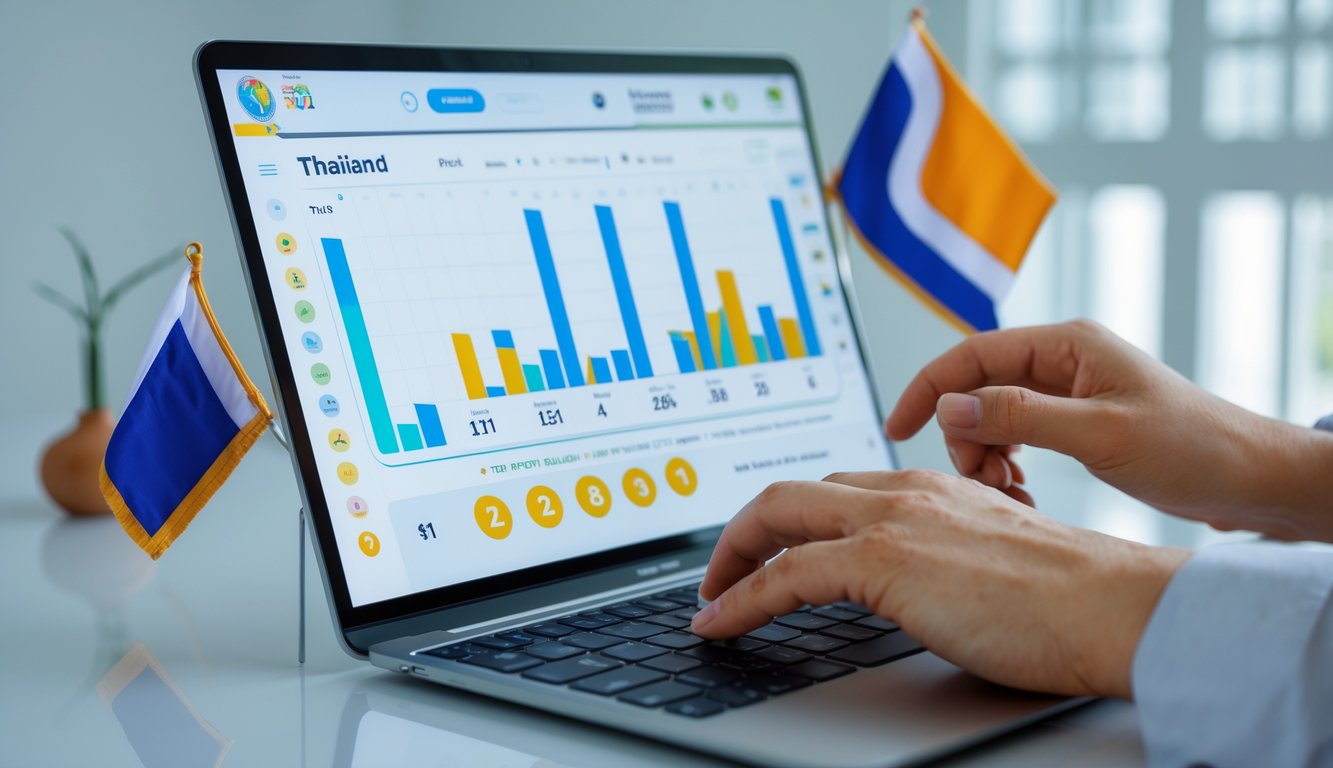 Seseorang menggunakan laptop atau ponsel untuk bermain togel online dengan latar belakang elemen yang mewakili Thailand.