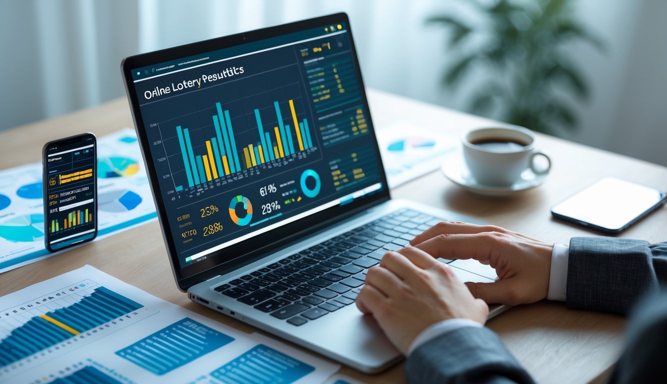 Sebuah ruang kerja modern dengan laptop yang menampilkan grafik dan statistik, tangan menggunakan mouse, serta kertas dan ponsel di meja.