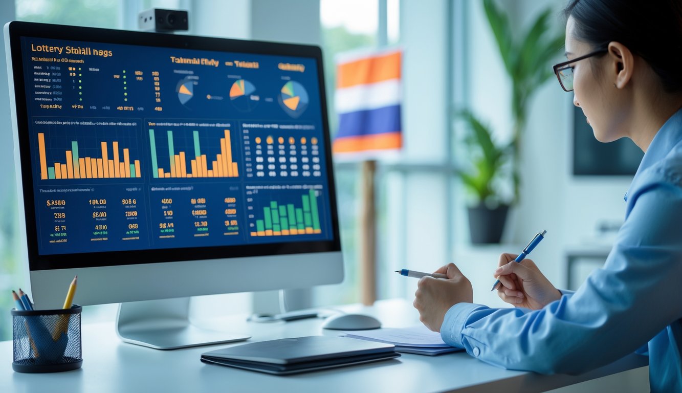 Seorang profesional di meja kerja yang melihat layar komputer dengan grafik dan data statistik togel Thailand, sambil mencatat di buku catatan.