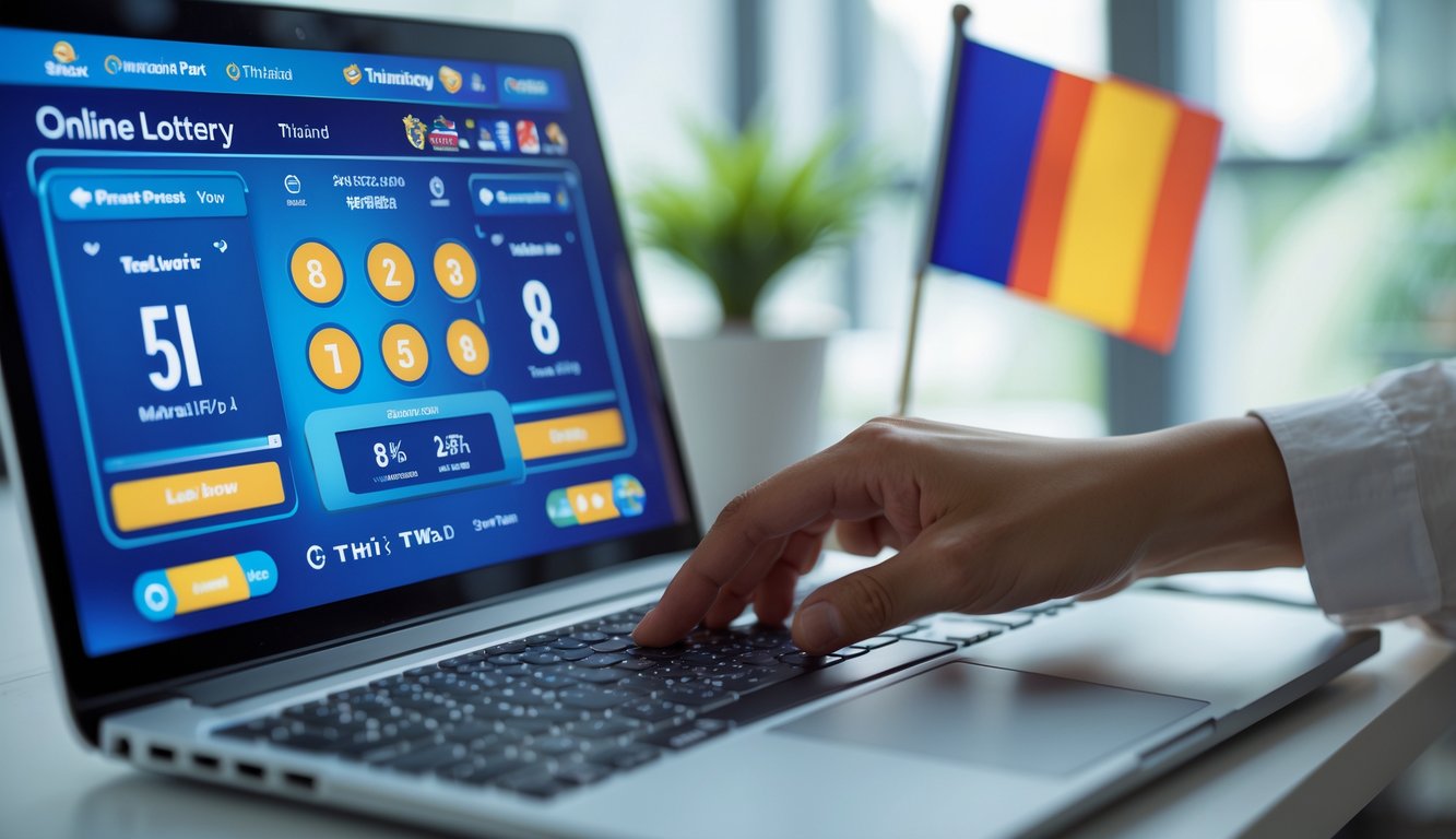 Seseorang menggunakan komputer dengan tampilan undian langsung dan pembaruan angka secara real time, dengan elemen budaya Thailand di latar belakang.