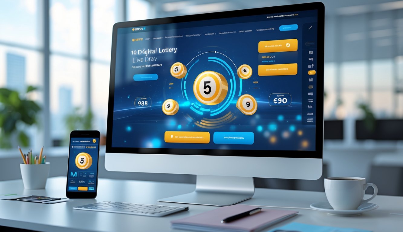 Sebuah komputer di meja kantor menampilkan layar undian langsung dengan angka yang bergerak dan pembaruan waktu nyata, dikelilingi oleh ponsel, cangkir kopi, dan buku catatan.