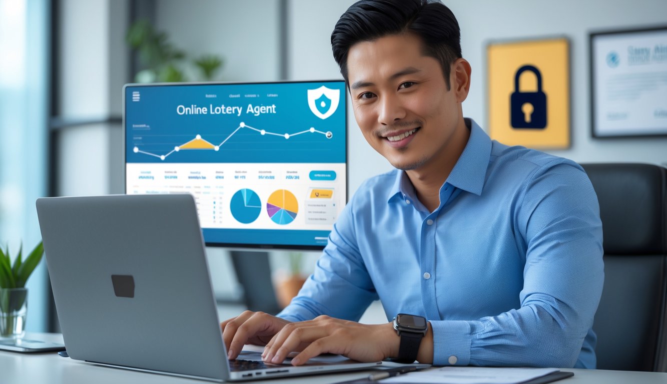 Seorang pria Asia Tenggara duduk di meja dengan laptop, sedang menganalisis data terkait layanan togel online yang aman dan terpercaya.