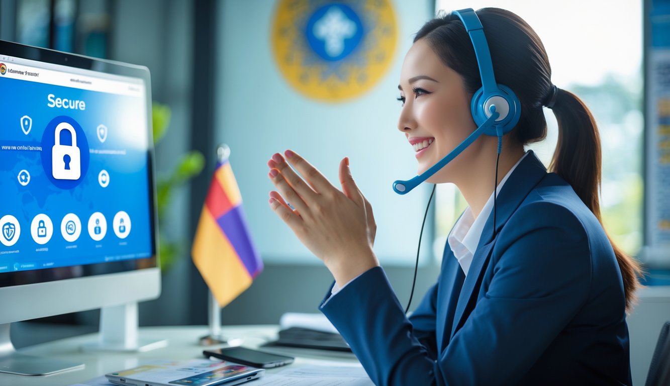 Seorang agen layanan pelanggan sedang membantu klien secara online di kantor modern dengan layar komputer yang menampilkan platform aman, menunjukkan suasana profesional dan terpercaya.