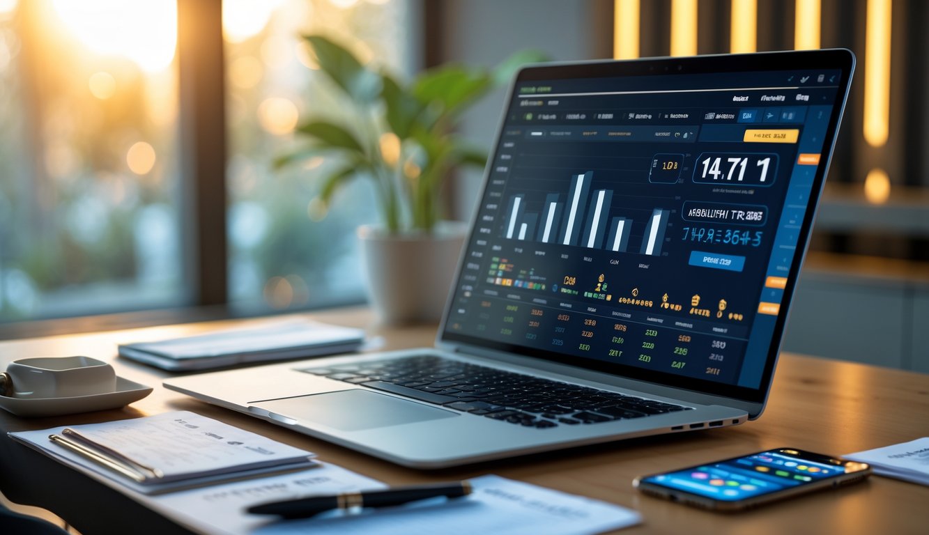 Meja kerja modern dengan laptop yang menampilkan grafik dan angka, dikelilingi oleh catatan dan ponsel, menggambarkan analisis pola taruhan togel online Thailand.
