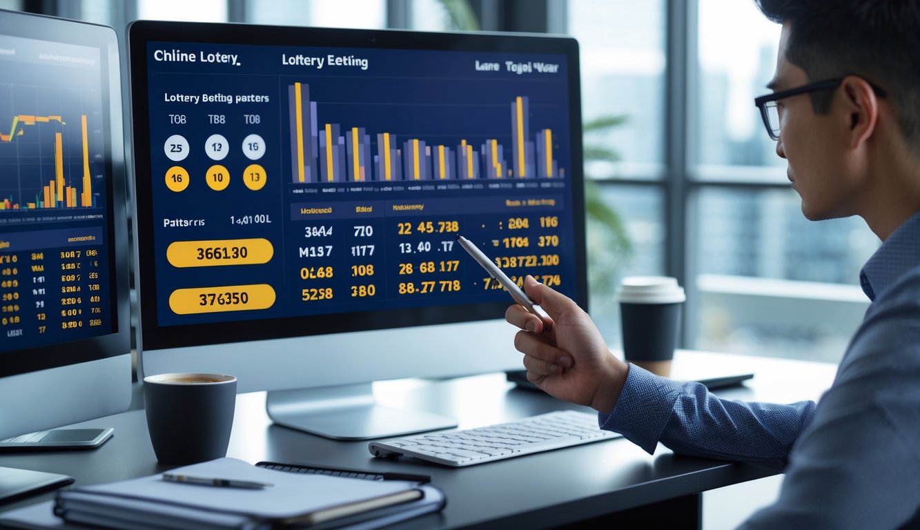 Seseorang sedang menganalisis pola taruhan togel Thailand secara online di depan komputer di ruang kerja.