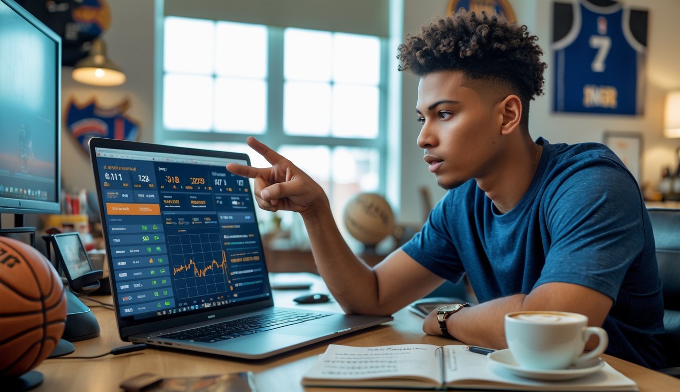 Seorang pria muda duduk di meja dengan laptop dan beberapa layar, mempelajari statistik NBA dan membuat strategi taruhan.