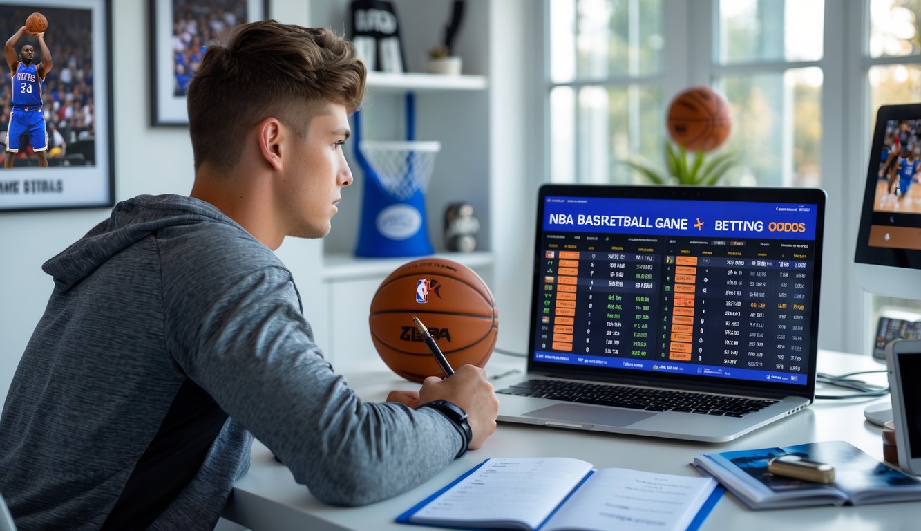Seorang pria muda duduk di meja dengan laptop, menganalisis statistik dan peluang taruhan NBA di ruang kerja yang terang dengan perlengkapan bola basket di latar belakang.