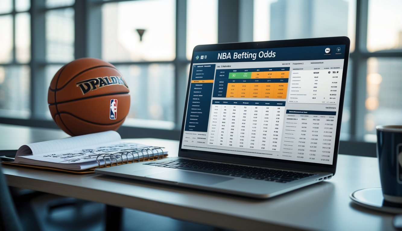 Meja kerja dengan laptop yang menampilkan statistik dan peluang taruhan NBA, bola basket, buku catatan dengan tulisan tangan, dan secangkir kopi di ruangan yang terang.
