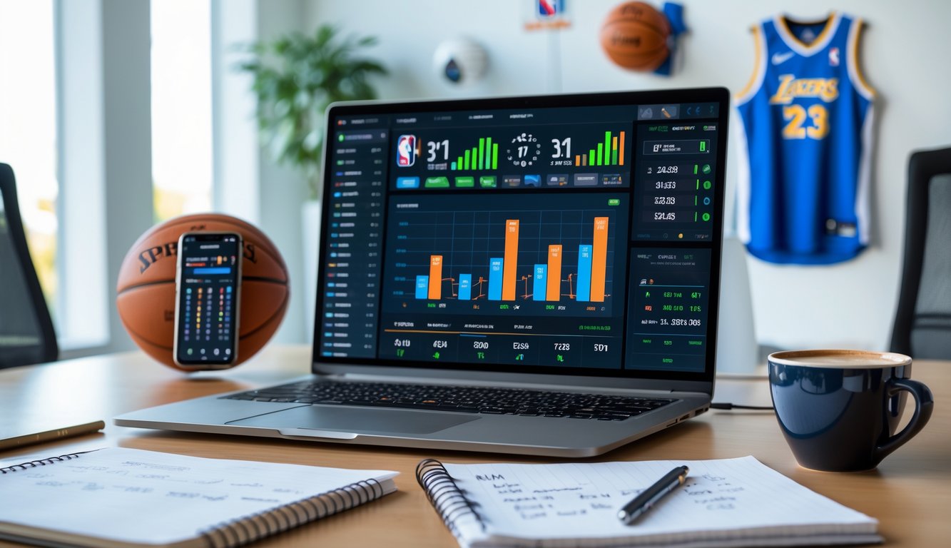 Meja kerja dengan laptop yang menampilkan grafik dan angka taruhan NBA, ponsel dengan skor langsung, catatan, dan secangkir kopi di ruang kantor yang terang.