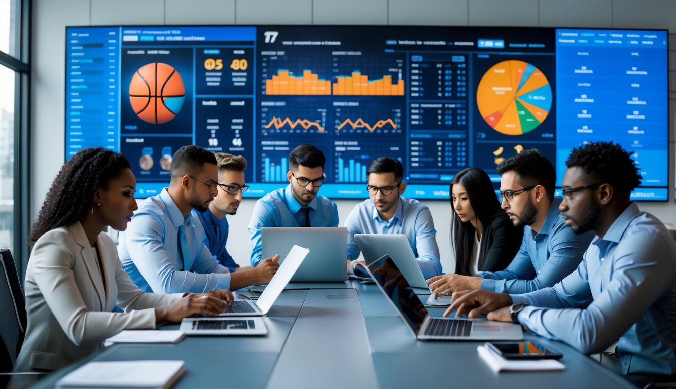 Sekelompok analis sedang bekerja bersama di ruang kantor dengan layar besar menampilkan statistik tim NBA dan grafik performa pemain.