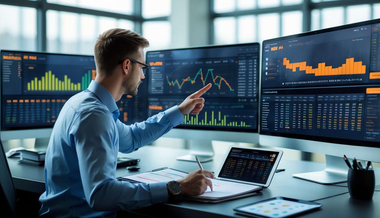 Seorang pria sedang menganalisis data statistik tim NBA di depan beberapa layar komputer di ruang kerja dengan pemandangan lapangan basket di latar belakang.