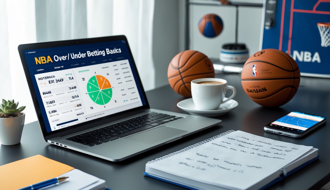 Meja kerja dengan laptop yang menampilkan statistik basket dan peluang taruhan, buku catatan dengan tulisan tangan, secangkir kopi, dan ponsel yang menayangkan pertandingan basket.