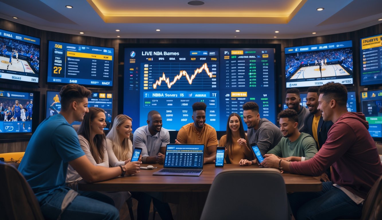 Sekelompok orang muda sedang melihat layar besar yang menampilkan statistik dan peluang taruhan langsung NBA, menggunakan perangkat digital dalam ruangan modern yang nyaman.