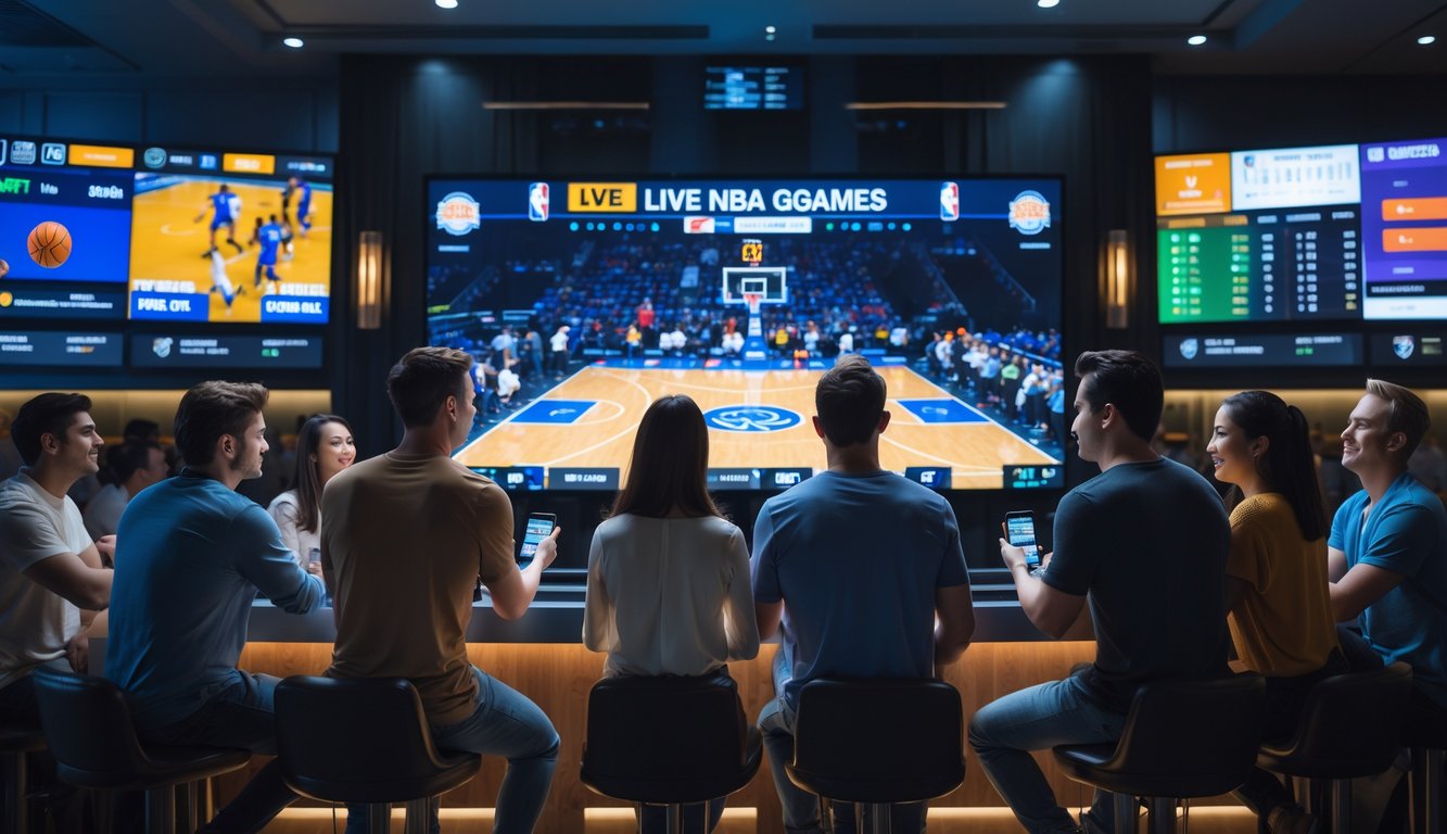 Sekelompok orang muda sedang menonton pertandingan NBA secara langsung di layar besar sambil menggunakan perangkat digital untuk bertaruh dalam suasana bar olahraga modern.