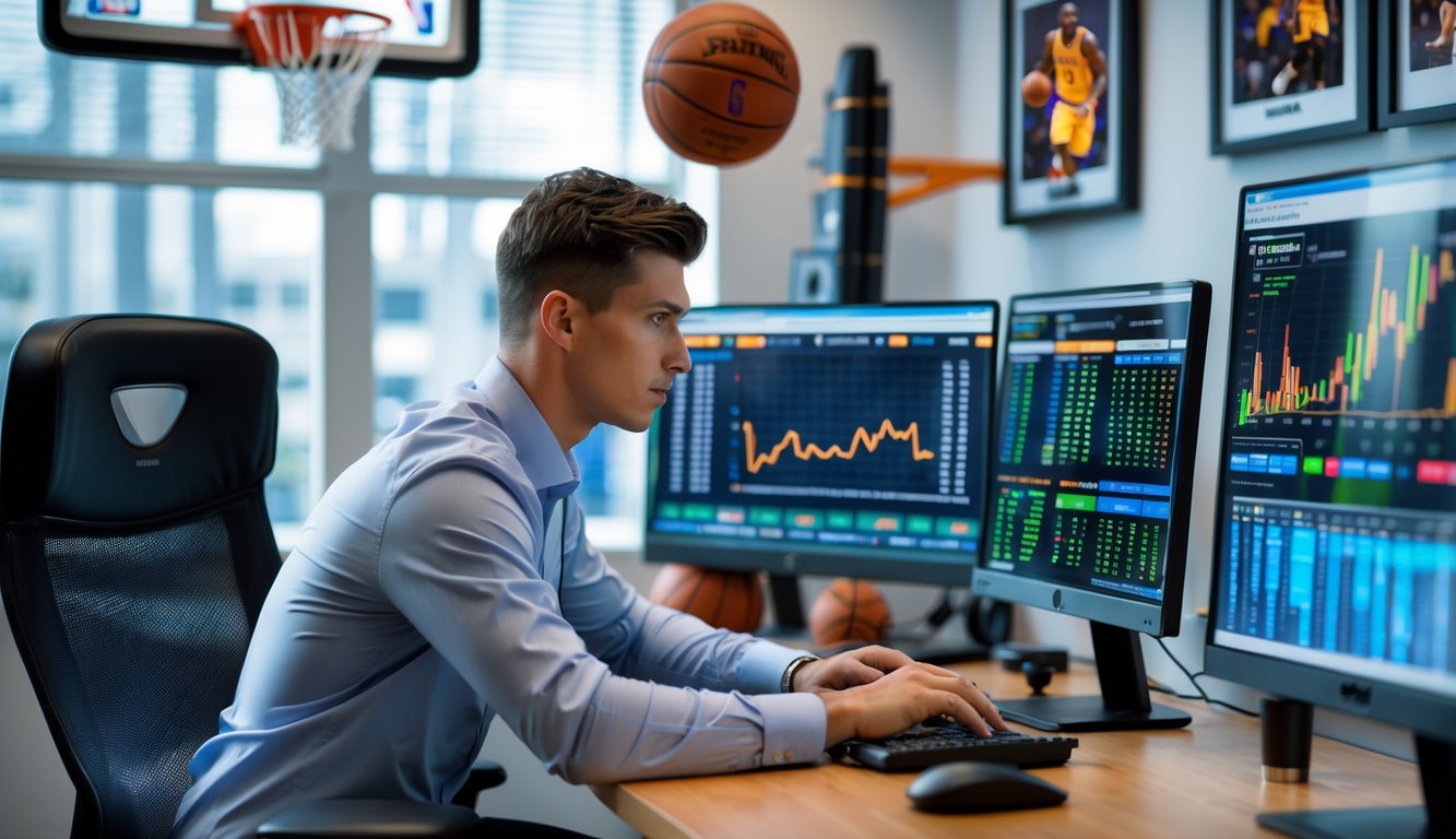Seorang analis olahraga sedang mempelajari statistik dan grafik NBA di depan beberapa layar komputer di kantor modern.