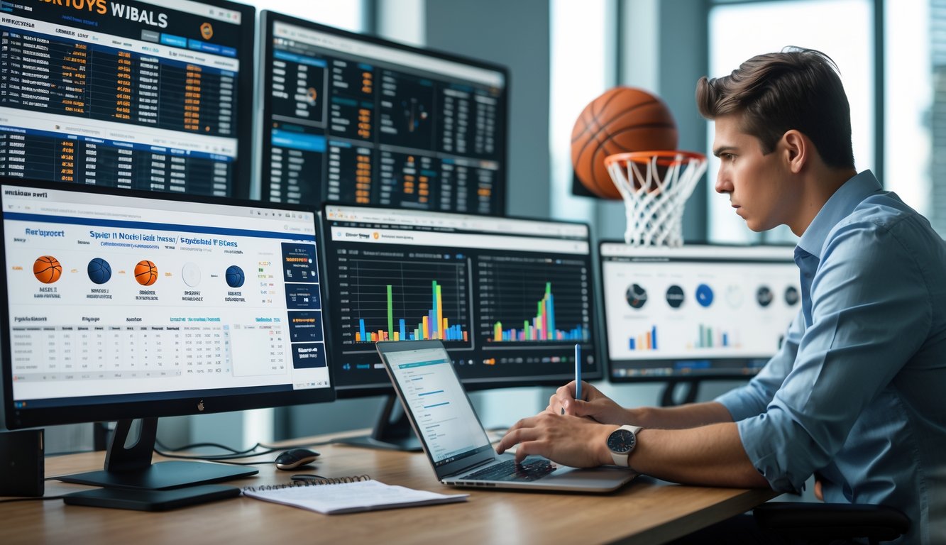 Seorang analis olahraga sedang mempelajari data taruhan spread NBA di depan beberapa layar komputer dalam ruang kerja modern.