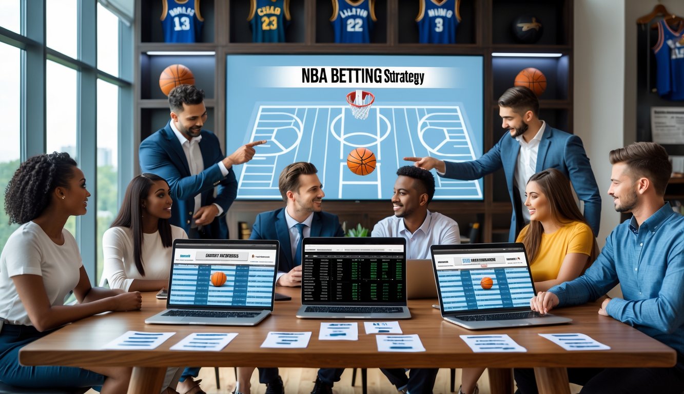 Sekelompok profesional muda sedang berdiskusi di ruang kantor dengan perangkat elektronik dan grafik terkait taruhan NBA.
