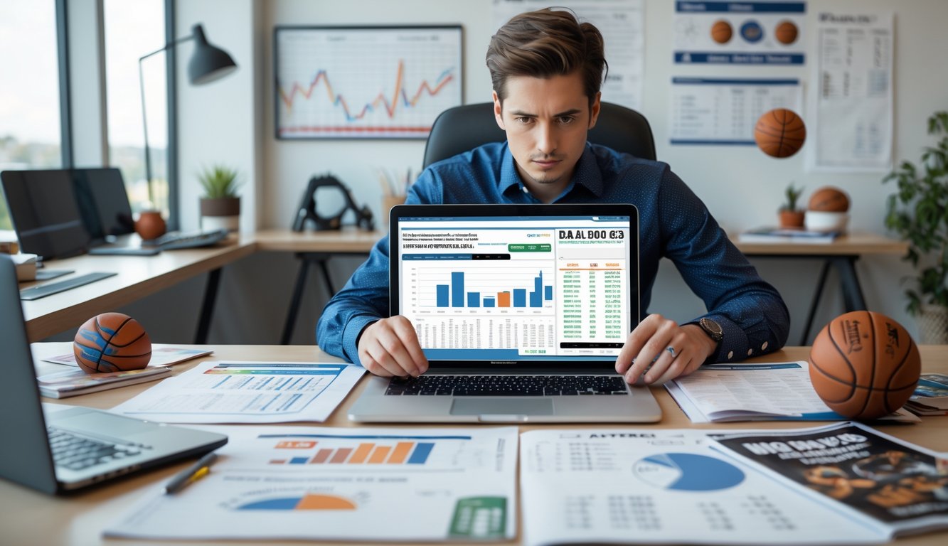 Seseorang duduk di meja modern, fokus menganalisis data taruhan NBA di layar laptop dengan bola basket kecil dan majalah olahraga di sekitar.