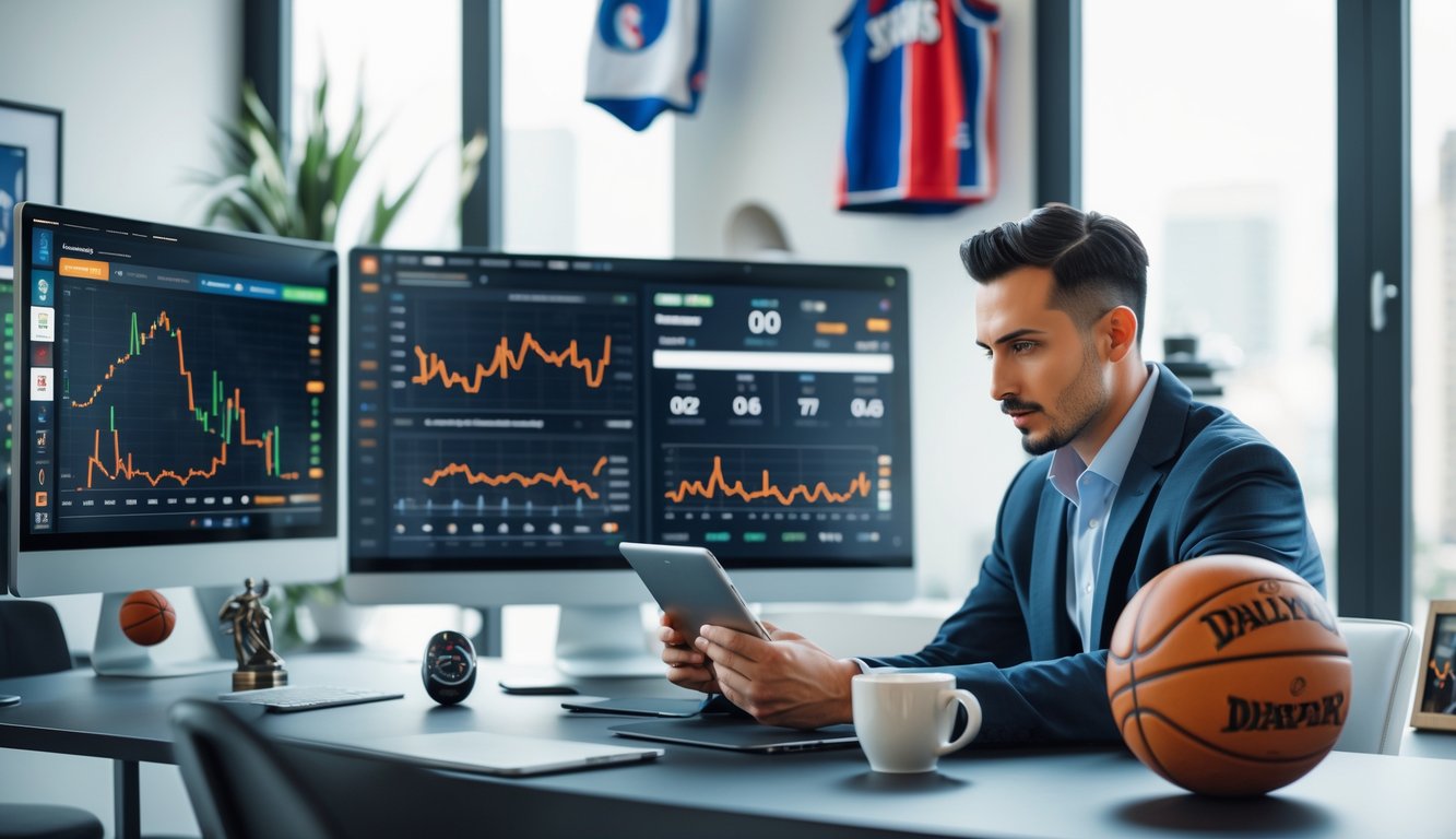 Seorang analis olahraga sedang memeriksa data performa tim NBA terbaru di meja kerja dengan beberapa monitor dan tablet.