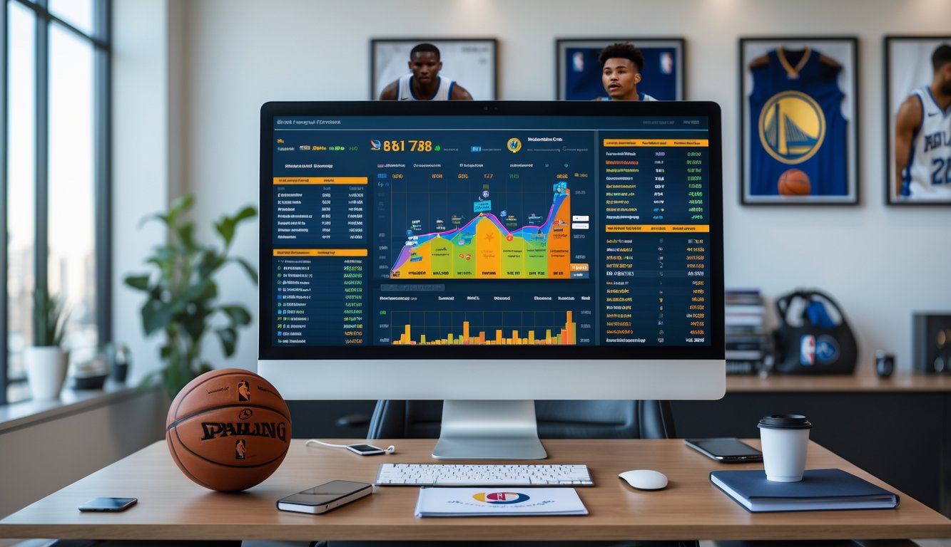 Seorang analis olahraga sedang bekerja di depan komputer dengan tampilan statistik dan grafik performa tim NBA terbaru di ruang kantor yang rapi dan terang.