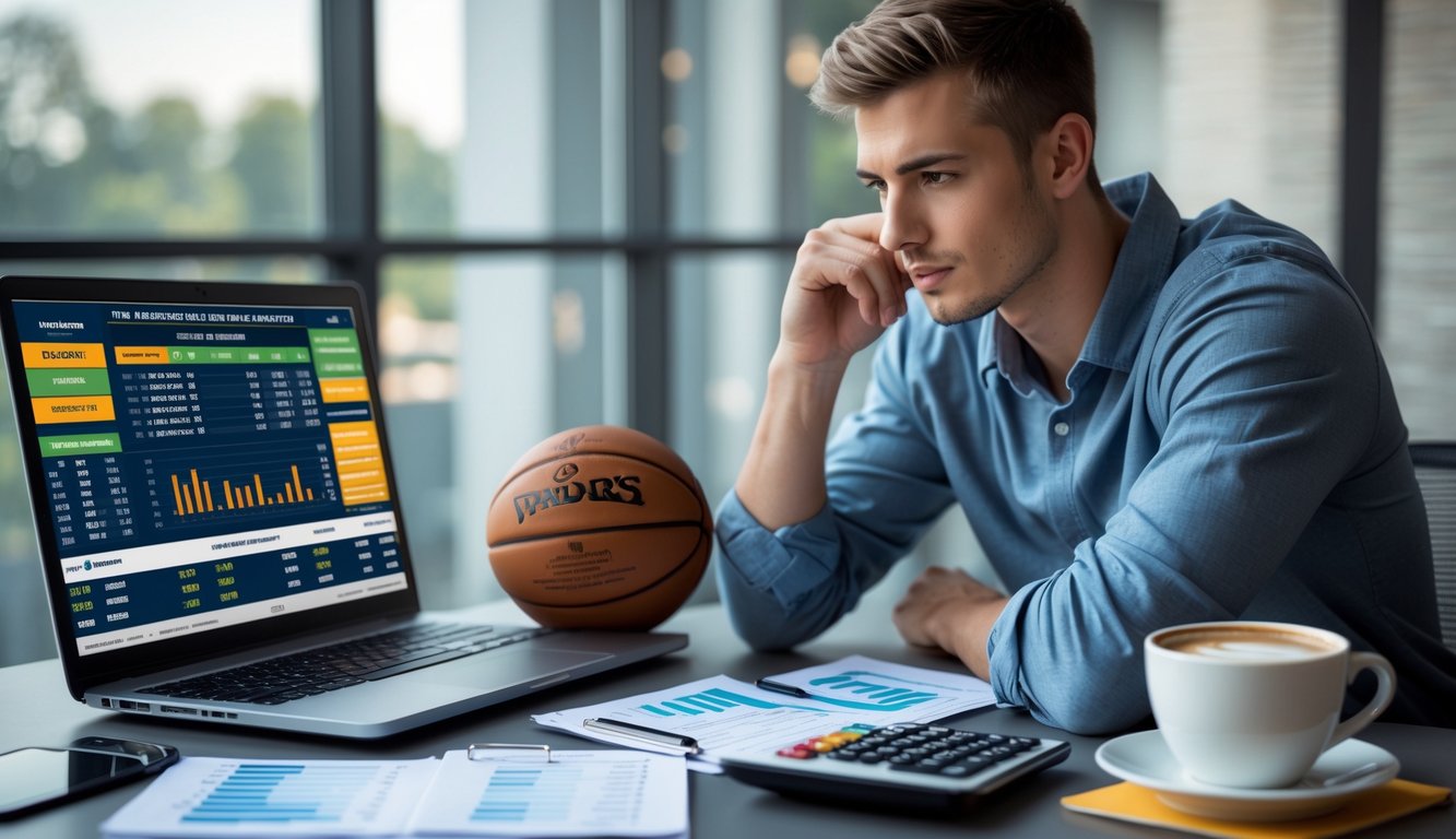 Seorang pria muda sedang menganalisis data taruhan NBA di meja kerja dengan laptop, kalkulator, dan bola basket di sampingnya.