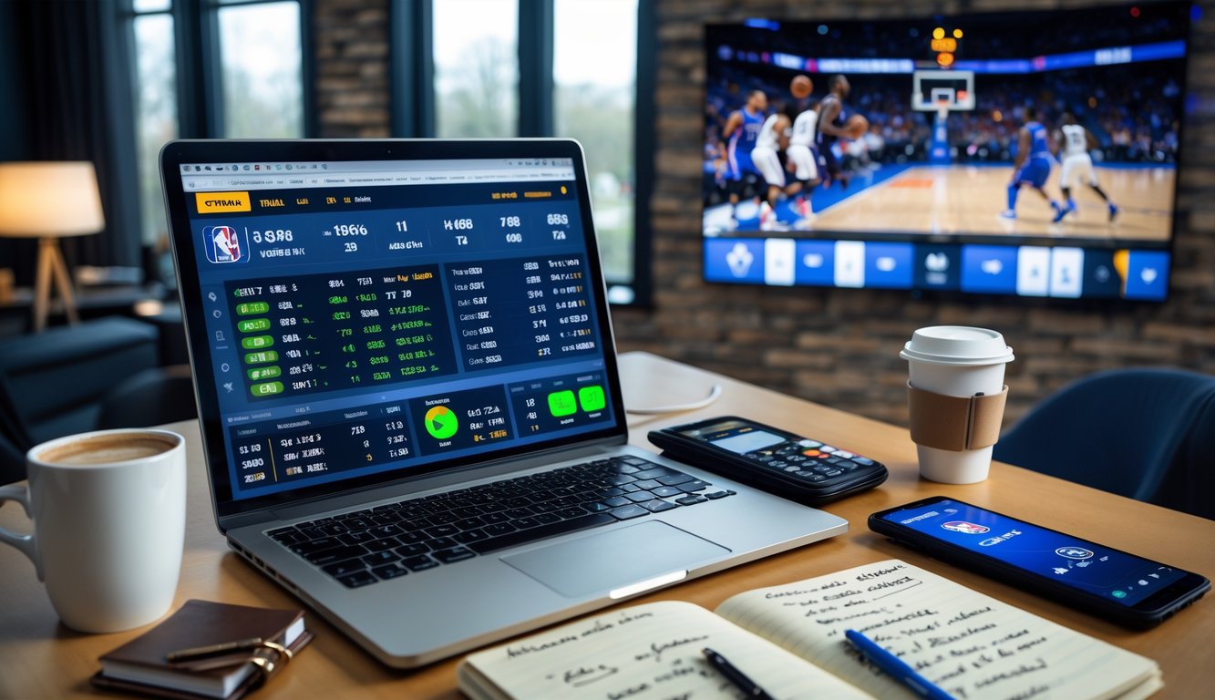 Meja kerja dengan laptop menampilkan statistik NBA, kalkulator, catatan, dan layar menampilkan pertandingan NBA secara langsung.