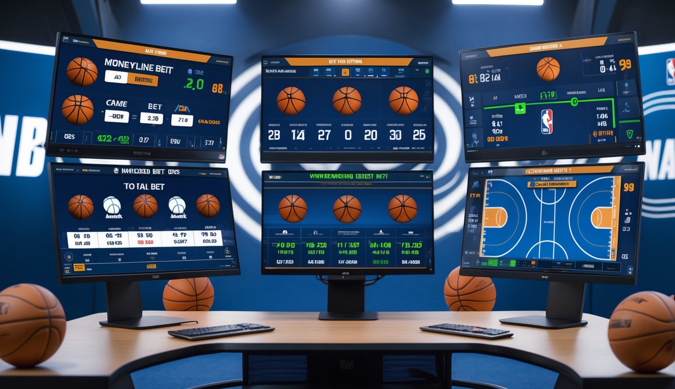 Seorang analis olahraga di meja kerja dengan beberapa monitor yang menampilkan statistik dan grafik taruhan NBA, termasuk jenis taruhan Moneyline, Handicap, dan Total Points.