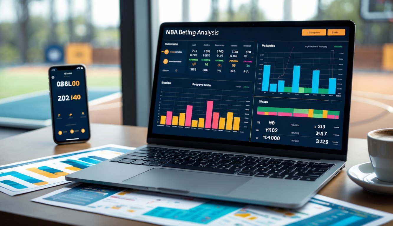 Meja kerja modern dengan laptop menampilkan grafik dan statistik taruhan NBA, ponsel dengan skor bola basket, dan cangkir kopi.