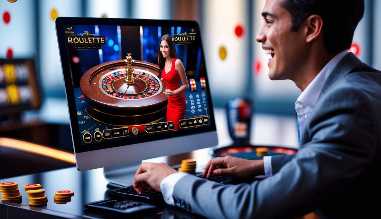 Seorang pemula bermain roulette online dengan dealer langsung di depan komputer.