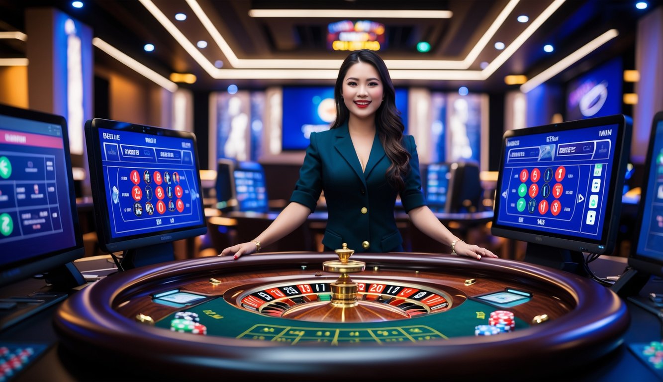 Seorang dealer wanita berdiri di belakang meja roulette dengan roda roulette dan layar komputer yang menampilkan permainan roulette online.