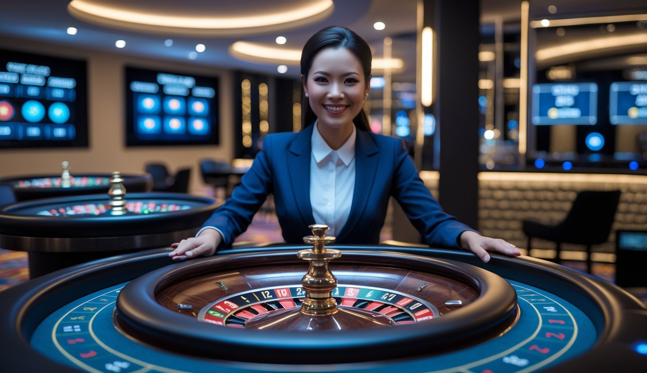 Seorang dealer roulette langsung yang profesional di meja roulette modern dengan suasana kasino yang terang dan teknologi digital di latar belakang.