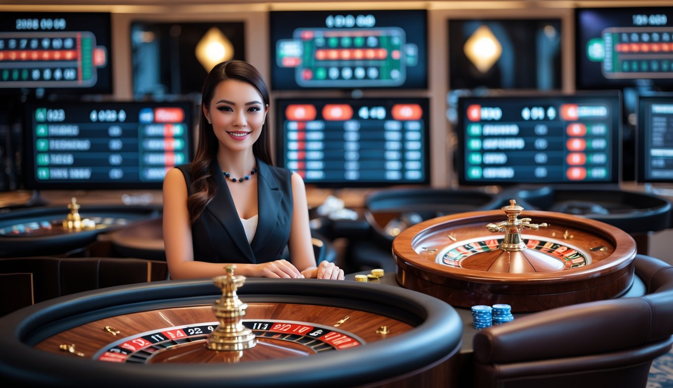 Seorang dealer wanita duduk di meja roulette dengan roda roulette yang berputar, dikelilingi oleh layar yang menampilkan informasi taruhan.