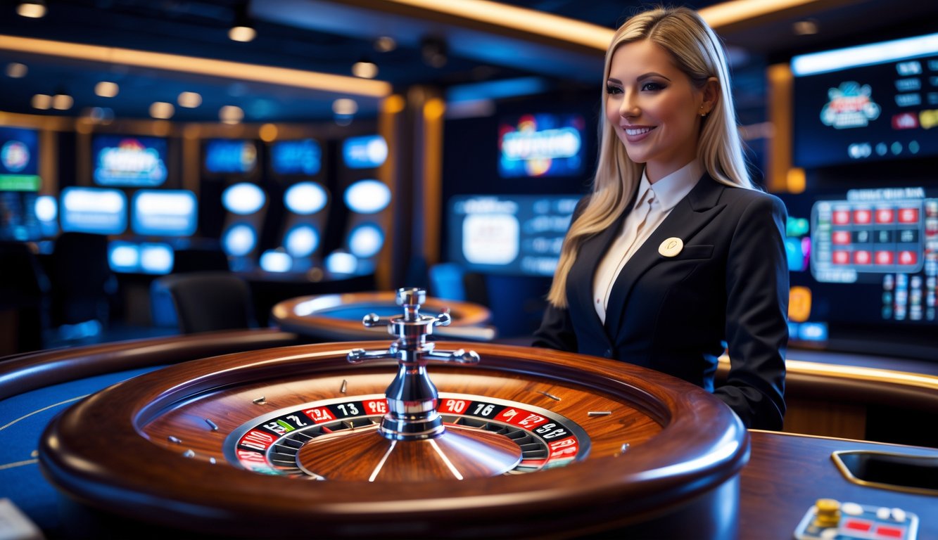 Seorang dealer wanita profesional sedang memandu permainan roulette langsung dengan roda roulette dan layar digital di latar belakang.