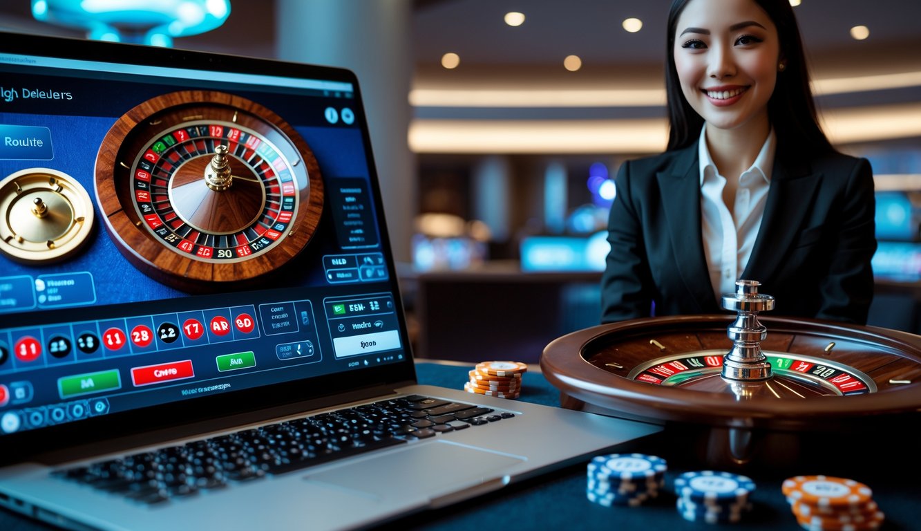 Seorang dealer wanita tersenyum sedang memandu permainan roulette online dengan roda roulette yang berputar dan layar laptop menampilkan antarmuka taruhan.