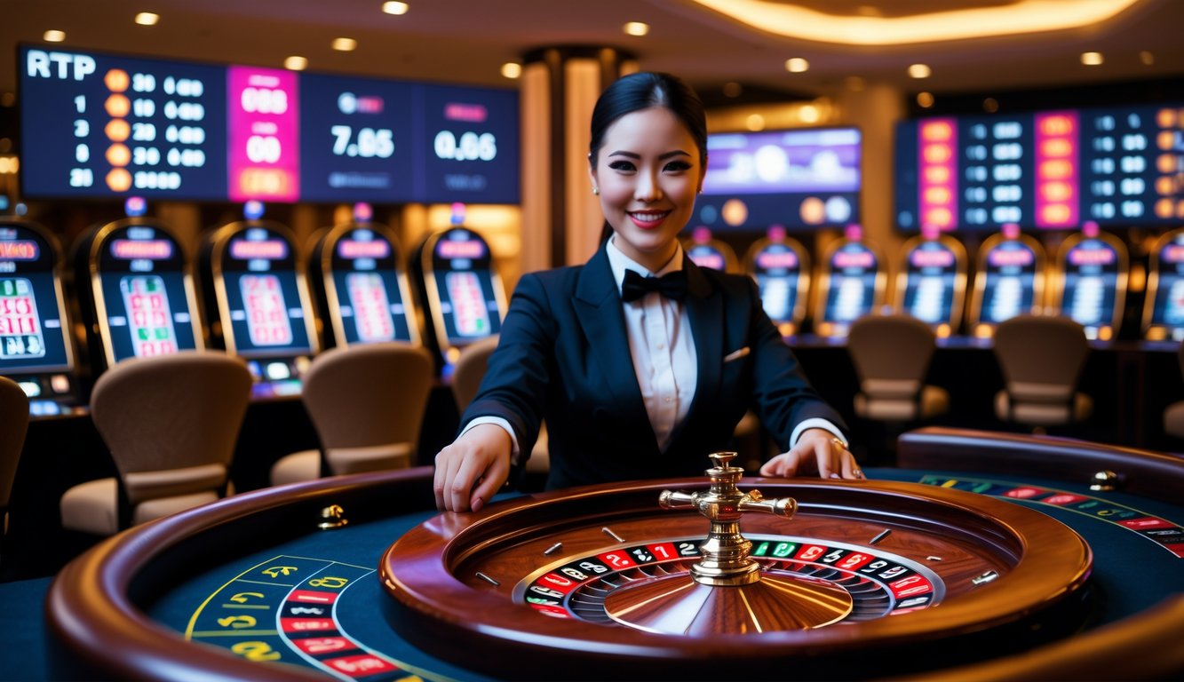 Seorang dealer profesional sedang memutar roda roulette di meja kasino dengan layar digital di latar belakang.