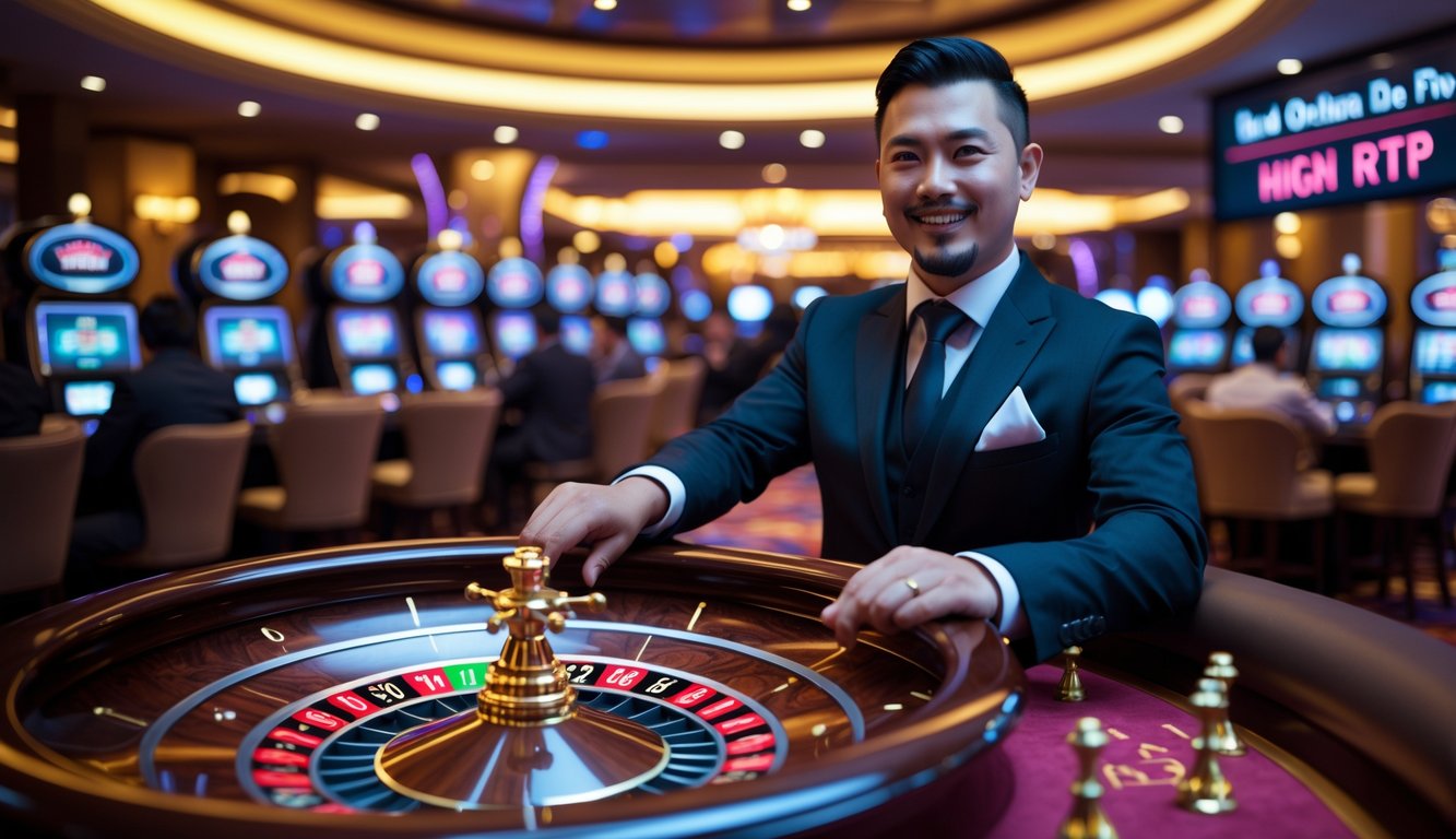 Seorang dealer live yang tersenyum sedang memutar roda roulette di kasino mewah dengan beberapa pemain mengamati permainan.
