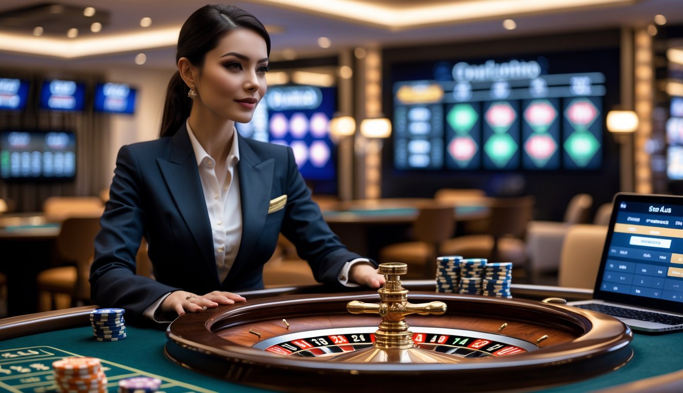 Seorang dealer wanita profesional sedang mengelola meja roulette dengan roda roulette yang berputar di depan meja kasino modern.