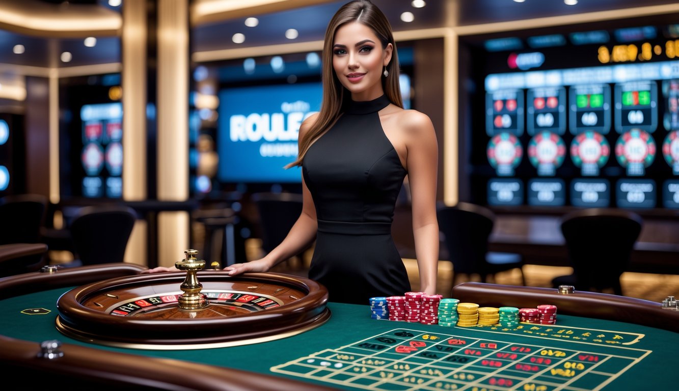 Seorang dealer wanita di meja roulette dengan roda roulette berputar dan chip warna-warni di kasino modern.