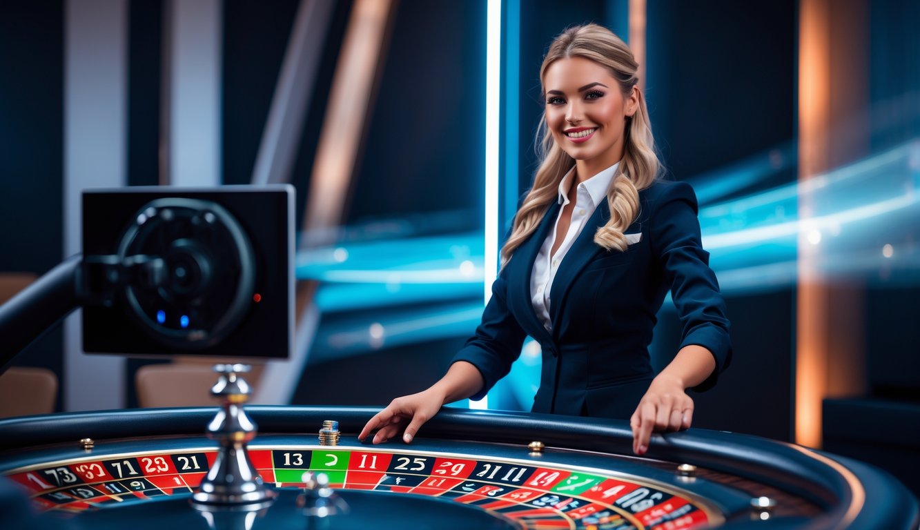 Seorang dealer wanita berdiri di belakang meja roulette dengan roda roulette berputar dan chip berwarna-warni di sebuah studio kasino modern.