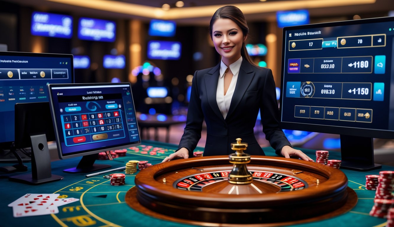 Seorang dealer wanita profesional berdiri di belakang meja roulette dengan roda roulette berputar di studio kasino modern.